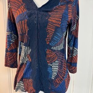 One World Live & Let Live Boho Top Festival Sz M Multi Color V Neck Lace